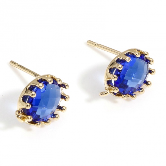 Picture of 2 PCs Brass & Glass Ear Post Stud Earrings Gold Plated Royal Blue Oval With Loop 11mm x 7mm, Post/ Wire Size: (20 gauge)                                                                                                                                      