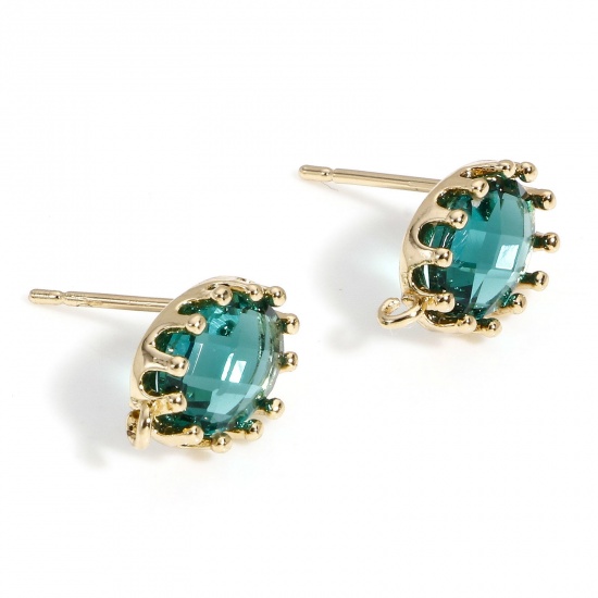 Picture of 2 PCs Brass & Glass Ear Post Stud Earrings Gold Plated Peacock Green Oval With Loop 11mm x 7mm, Post/ Wire Size: (20 gauge)                                                                                                                                   