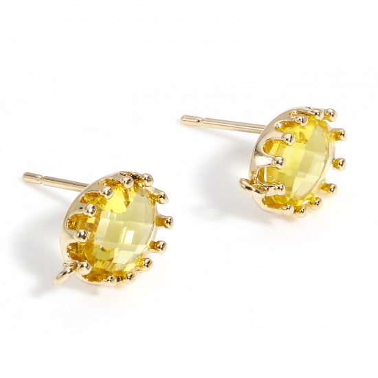 Picture of 2 PCs Brass & Glass Ear Post Stud Earrings Gold Plated Yellow Oval With Loop 11mm x 7mm, Post/ Wire Size: (20 gauge)                                                                                                                                          