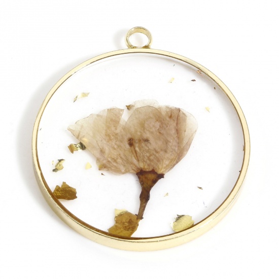 Immagine di 2 Pz Lega di Zinco Gioielli in Resina Fiore Handmade Reale Ciondoli Tondo Oro Placcato 3.4cm x 3cm