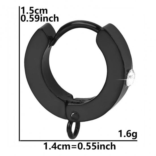 Picture of 2 PCs Vacuum Plating 304 Stainless Steel Hoop Earrings For DIY Jewelry Making Accessories Round Black Clear Rhinestone With Loop 15mm x 14mm