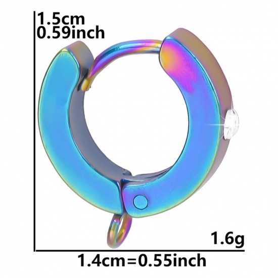 Picture of 2 PCs Vacuum Plating 304 Stainless Steel Hoop Earrings For DIY Jewelry Making Accessories Round Rainbow Color Plated Clear Rhinestone With Loop 15mm x 14mm