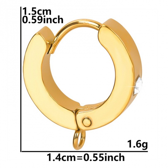 Picture of 2 PCs Vacuum Plating 304 Stainless Steel Hoop Earrings For DIY Jewelry Making Accessories Round 18K Gold Plated Clear Rhinestone With Loop 15mm x 14mm