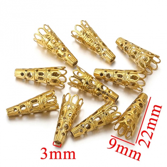 Picture of 10 PCs Eco-friendly Vacuum Plating 304 Stainless Steel Bead Caps Funnel 18K Gold Plated (Fits 8mm Beads) 22mm x 9mm