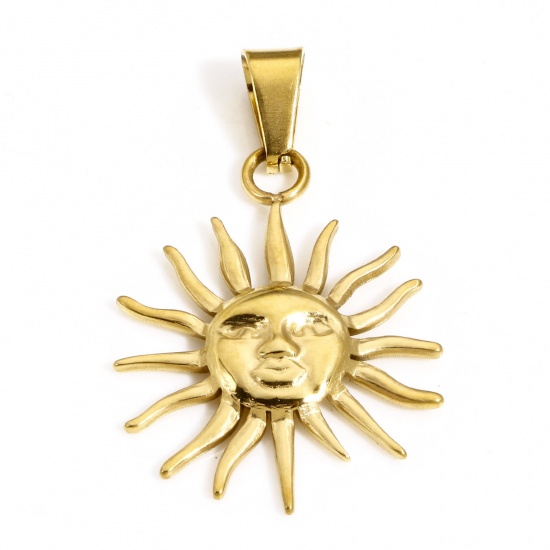 Picture of 1 Piece Vacuum Plating 304 Stainless Steel Religious Pendants Gold Plated Sun Face 32mm x 20.5mm