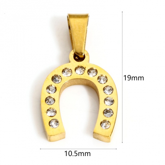 Picture of 1 Piece Vacuum Plating 304 Stainless Steel Religious Charms Gold Plated Luck Horseshoe Clear Rhinestone 19mm x 10.5mm