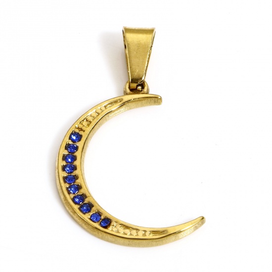 Picture of 1 Piece Vacuum Plating 304 Stainless Steel Galaxy Charms Gold Plated Half Moon Blue Rhinestone 29.5mm x 18.5mm