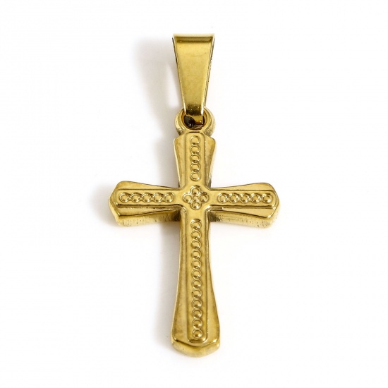 Bild von 1 Stück Vakuumbeschichtung 304 Edelstahl Religiös Charms Kreuz Vergoldet 24.5mm x 12mm