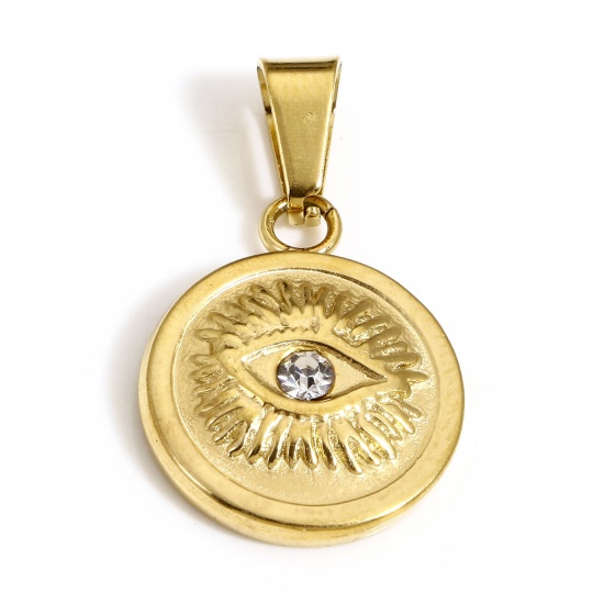 Bild von 1 Stück Vakuumbeschichtung 304 Edelstahl Religiös Charms Rund Vergoldet Auge Transparent Strass 26mm x 15.5mm