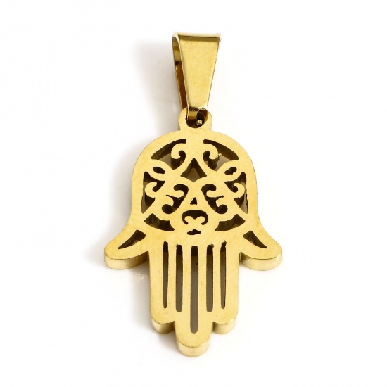 Bild von 1 Stück Vakuumbeschichtung 304 Edelstahl Religiös Charms Hamsa Symbol Hand Vergoldet 29mm x 14.5mm