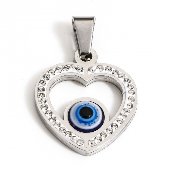 Bild von 1 Stück Umweltfreundlich 304 Edelstahl Religiös Charms Herz Silberfarbe Böser Blick Evil Eye Transparent Strass 26mm x 17.5mm