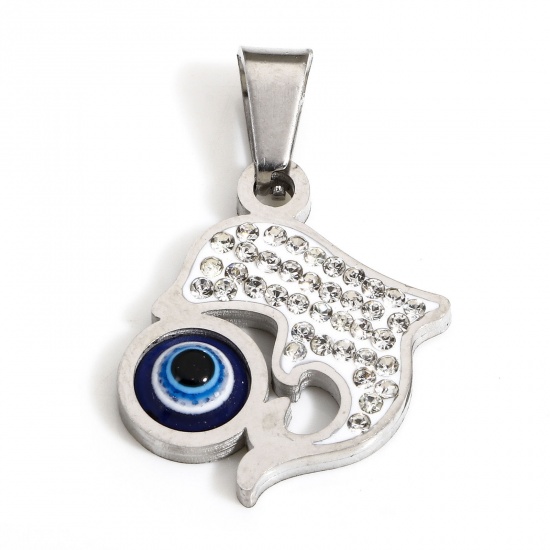 Bild von 1 Stück Umweltfreundlich 304 Edelstahl Religiös Charms Delfine Silberfarbe Böser Blick Evil Eye Transparent Strass 26mm x 18mm