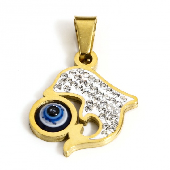 Bild von 1 Stück Vakuumbeschichtung 304 Edelstahl Religiös Charms Delfine Vergoldet Böser Blick Evil Eye Transparent Strass 26mm x 18mm