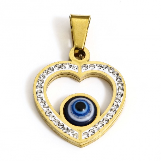 Bild von 1 Stück Vakuumbeschichtung 304 Edelstahl Religiös Charms Herz Vergoldet Böser Blick Evil Eye Transparent Strass 26mm x 17.5mm