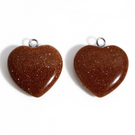 Picture of 1 Piece Gold Sand Stone ( Natural ) Charms Brown Heart 23mm x 20mm