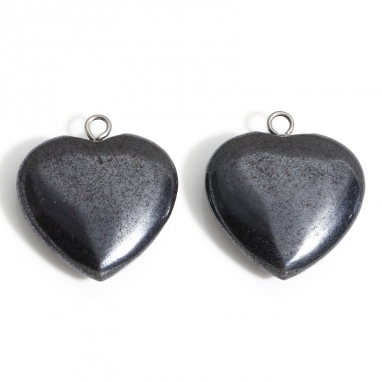 Picture of 1 Piece Hematite ( Natural ) Charms Dark Gray Heart 23mm x 20.5mm