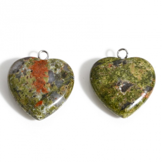 Picture of 1 Piece Unakite ( Natural ) Charms Green Heart 23mm x 20.5mm