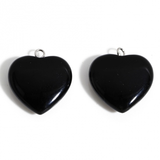 Picture of 1 Piece Agate ( Natural ) Charms Black Heart 23mm x 20.5mm