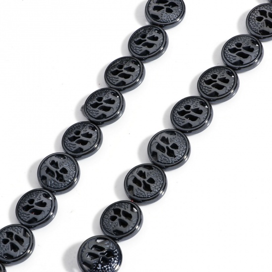 1 連 (約33 粒/1連) (グレードA) ヘマタイト ( 天然石 ) ビーズ ペンダント チャーム DIY 手作り ハンドメイド ジュエリー アクセサリーを作る フラットラウンド 黒 ツリーパターン 約12.5mm直径、 穴：約1mm 40cm長さ の画像