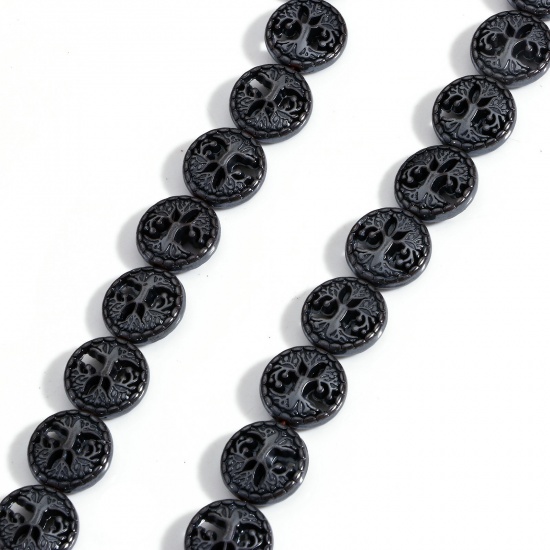 Image de 1 Enfilade (Env. 32 Pcs/Enfilade) (Classement A) Perles pour DIY Fabrication de Bijoux de Pendentife en Hématite （ Naturel ） Rond Noir Arbre de Vie Env. 13mm Dia, Trou: env. 1mm, 40cm long