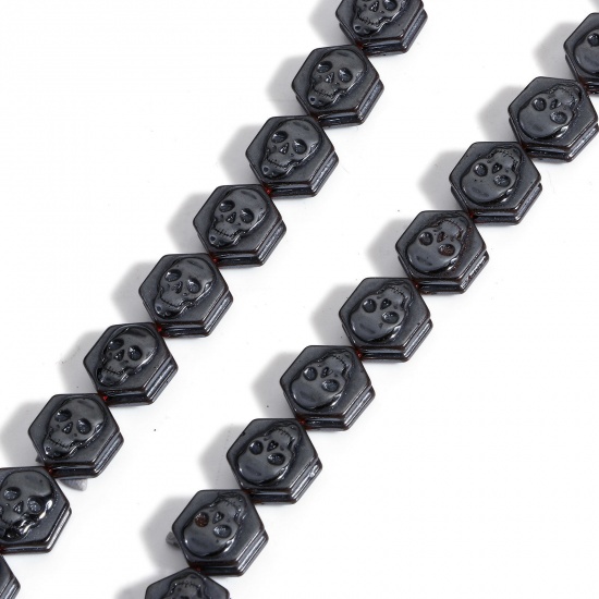 1 連 (約40 粒/1連) (グレードA) ヘマタイト ( 天然石 ) ビーズ ペンダント チャーム DIY 手作り ハンドメイド ジュエリー アクセサリーを作る 六角 黒 髑髏パターン 約10.5mm x 9mm 穴：約1mm 41.5cm長さ の画像
