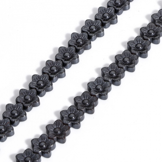 Image de 1 Enfilade (Env. 45 Pcs/Enfilade) (Classement A) Perles pour DIY Fabrication de Bijoux de Pendentife en Hématite （ Naturel ） Fleur Noir 10mm x 9mm, Trou: env. 1mm, 39.5cm long