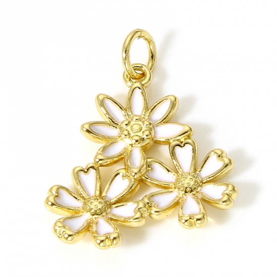 Picture of 1 Piece Brass Charms 18K Real Gold Plated White Daisy Flower Enamel 23mm x 18mm