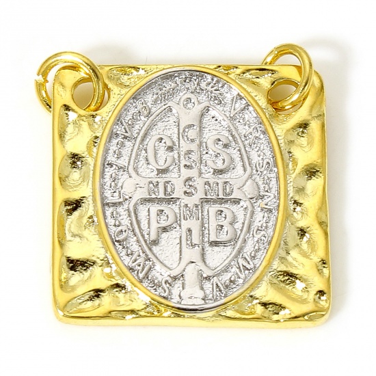 Imagen de 1 Unidad Latón Religión Conectores Dijes Colgantes Cuadrado Chapado en Oro Real de 18K & Chapado en Platino Real. Dos Colores Medalla de San Benito 22mm x 19mm