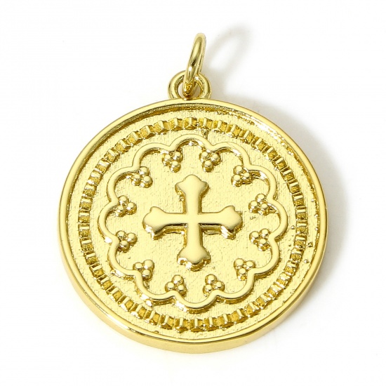 Imagen de 1 Unidad Latón Religión Colgantes Charms Ronda 18K Oro Real Chapado Cruz 26mm x 20mm