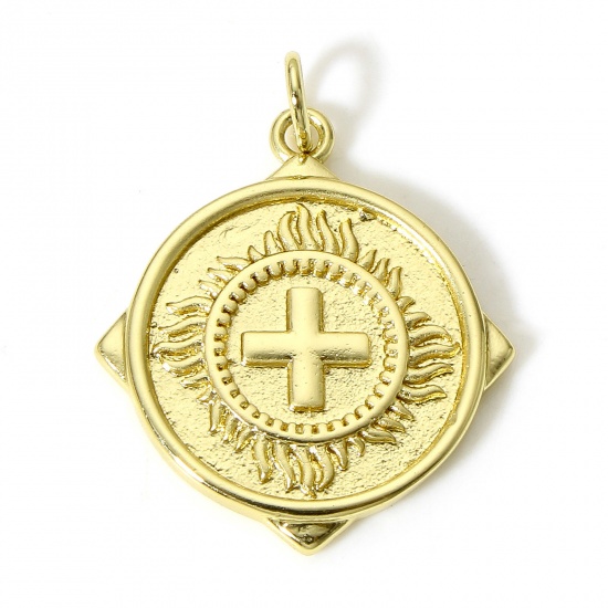 Imagen de 1 Unidad Latón Religión Colgantes Charms Ronda 18K Oro Real Chapado Cruz 27mm x 21mm