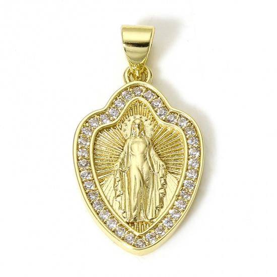 Imagen de 1 Unidad Latón Religión Colgantes Charms Escudo 18K Oro Real Chapado Virgen María Micro Pave Claro Circón Artificial 26mm x 14mm