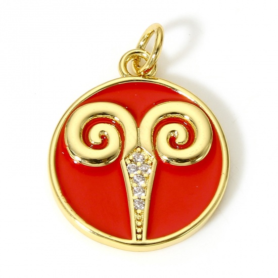Picture of 1 Piece Brass Disc Charms 18K Real Gold Plated Red Round Aries Sign Of Zodiac Constellations Enamel Clear Cubic Zirconia 22mm x 16mm