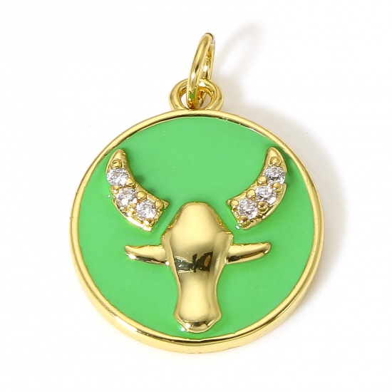 Picture of 1 Piece Brass Disc Charms 18K Real Gold Plated Green Round Taurus Sign Of Zodiac Constellations Enamel Clear Cubic Zirconia 22mm x 16mm
