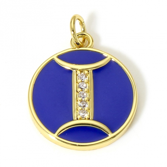Picture of 1 Piece Brass Disc Charms 18K Real Gold Plated Dark Blue Round Gemini Sign Of Zodiac Constellations Enamel Clear Cubic Zirconia 22mm x 16mm