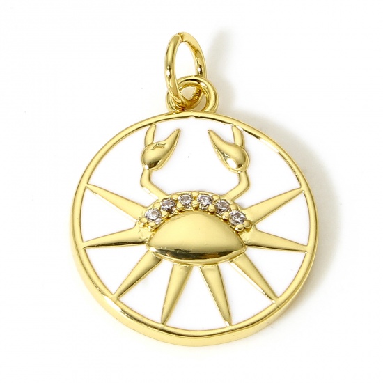 Picture of 1 Piece Brass Disc Charms 18K Real Gold Plated White Round Cancer Sign Of Zodiac Constellations Enamel Clear Cubic Zirconia 22mm x 16mm