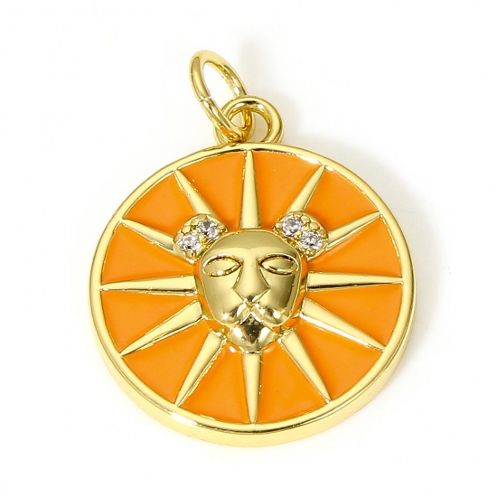Picture of 1 Piece Brass Disc Charms 18K Real Gold Plated Orange Round Leo Sign Of Zodiac Constellations Enamel Clear Cubic Zirconia 22mm x 16mm