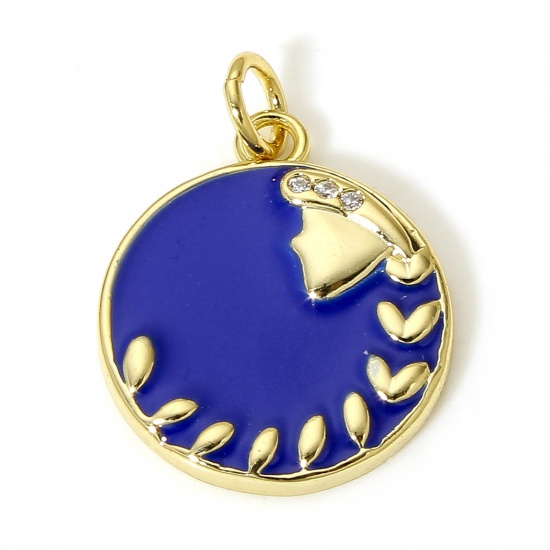 Picture of 1 Piece Brass Disc Charms 18K Real Gold Plated Dark Blue Round Virgo Sign Of Zodiac Constellations Enamel Clear Cubic Zirconia 22mm x 16mm