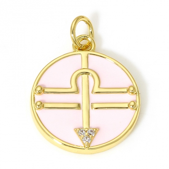 Picture of 1 Piece Brass Disc Charms 18K Real Gold Plated Light Pink Round Libra Sign Of Zodiac Constellations Enamel Clear Cubic Zirconia 22mm x 16mm