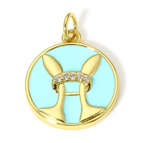 Picture of 1 Piece Brass Disc Charms 18K Real Gold Plated Mint Green Round Pisces Sign Of Zodiac Constellations Enamel Clear Cubic Zirconia 22mm x 16mm