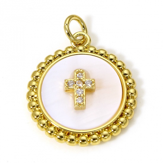 Picture of 1 Piece Natural Shell & Brass Religious Charms 18K Real Gold Plated Round Cross Micro Pave Clear Cubic Zirconia 24mm x 18mm