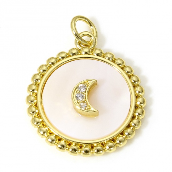 Picture of 1 Piece Natural Shell & Brass Galaxy Charms 18K Real Gold Plated Round Moon Micro Pave Clear Cubic Zirconia 24mm x 18mm