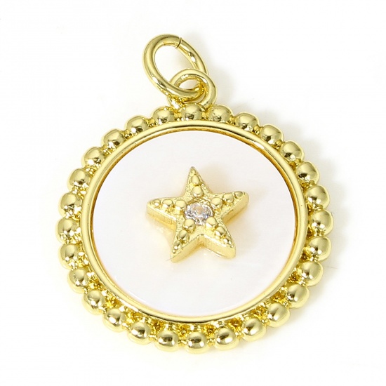 Picture of 1 Piece Natural Shell & Brass Galaxy Charms 18K Real Gold Plated Round Star Micro Pave Clear Cubic Zirconia 24mm x 18mm