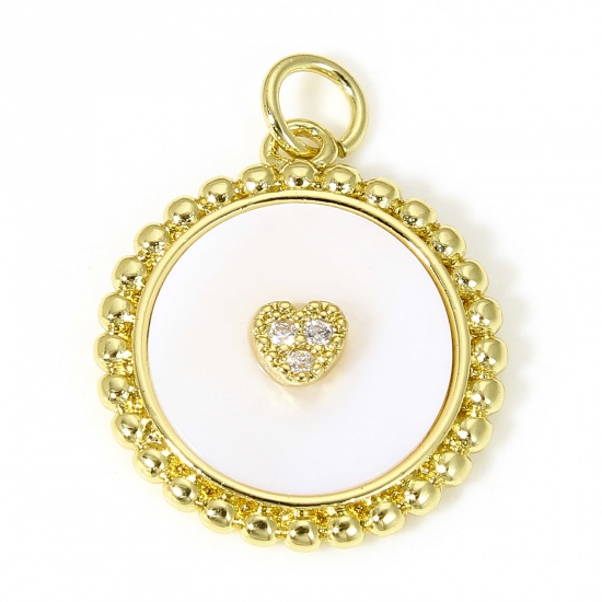 Picture of 1 Piece Natural Shell & Brass Valentine's Day Charms 18K Real Gold Plated Round Heart Micro Pave Clear Cubic Zirconia 24mm x 18mm