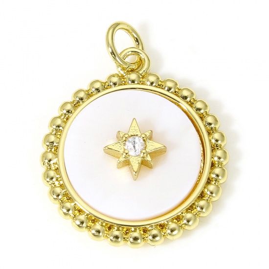 Picture of 1 Piece Natural Shell & Brass Galaxy Charms 18K Real Gold Plated Round Star Micro Pave Clear Cubic Zirconia 24mm x 18mm