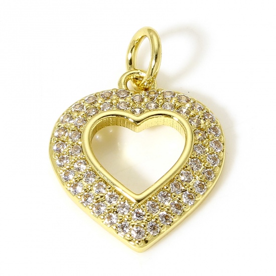 Picture of 1 Piece Brass Valentine's Day Charms 18K Real Gold Plated Heart Micro Pave Clear Cubic Zirconia 19mm x 13.5mm