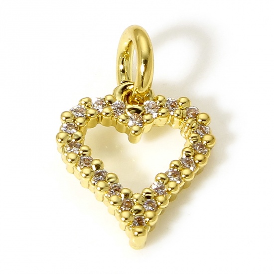 Picture of 1 Piece Brass Valentine's Day Charms 18K Real Gold Plated Heart Micro Pave Clear Cubic Zirconia 14mm x 9.5mm