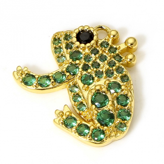 Imagen de 1 Unidad Latón Colgantes Charms Rana 18K Oro Real Chapado Micro Pave Verde Circón Artificial 16mm x 14.5mm