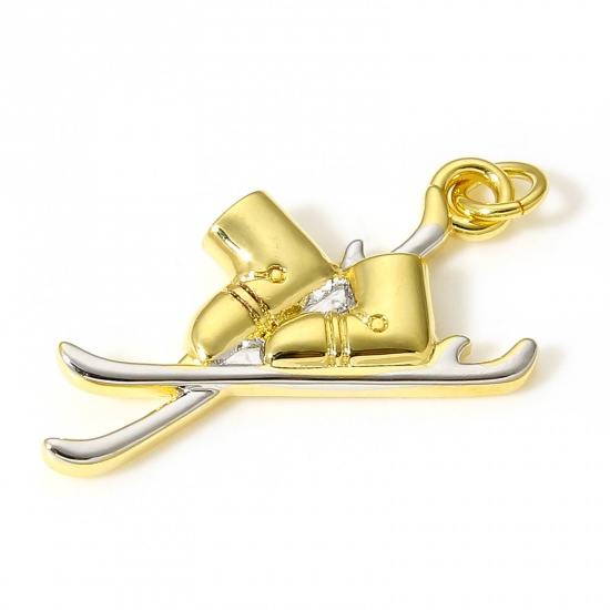 Picture of 1 Piece Brass Sport Charms 18K Real Gold Plated & Real Platinum Plated Two Tone Ski Pole 20mm x 17mm