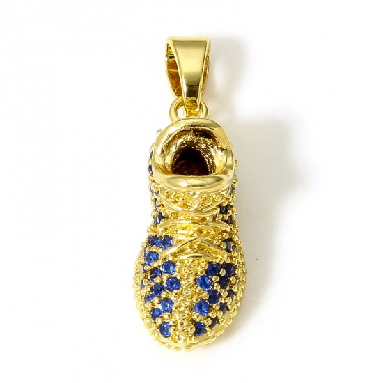 Picture of 1 Piece Brass Clothes Pendants 18K Real Gold Plated Shoes 3D Royal Blue Cubic Zirconia 3cm x 0.9cm