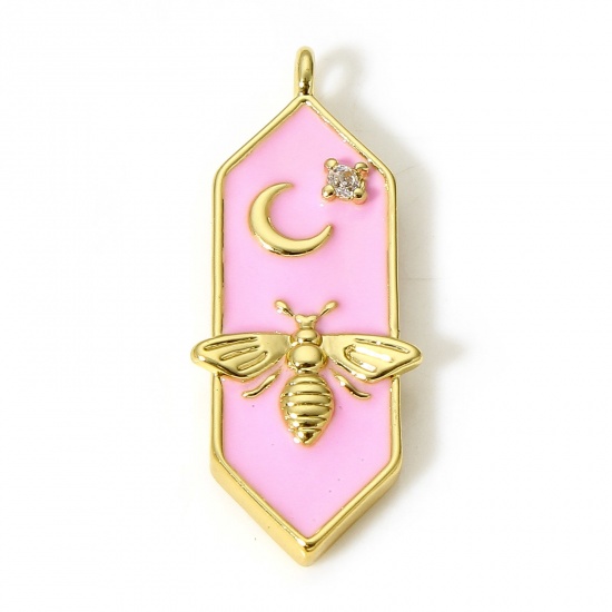 Picture of 1 Piece Brass Charms 18K Real Gold Plated Pink Bee Animal Moon Star Enamel Clear Cubic Zirconia 24mm x 8mm